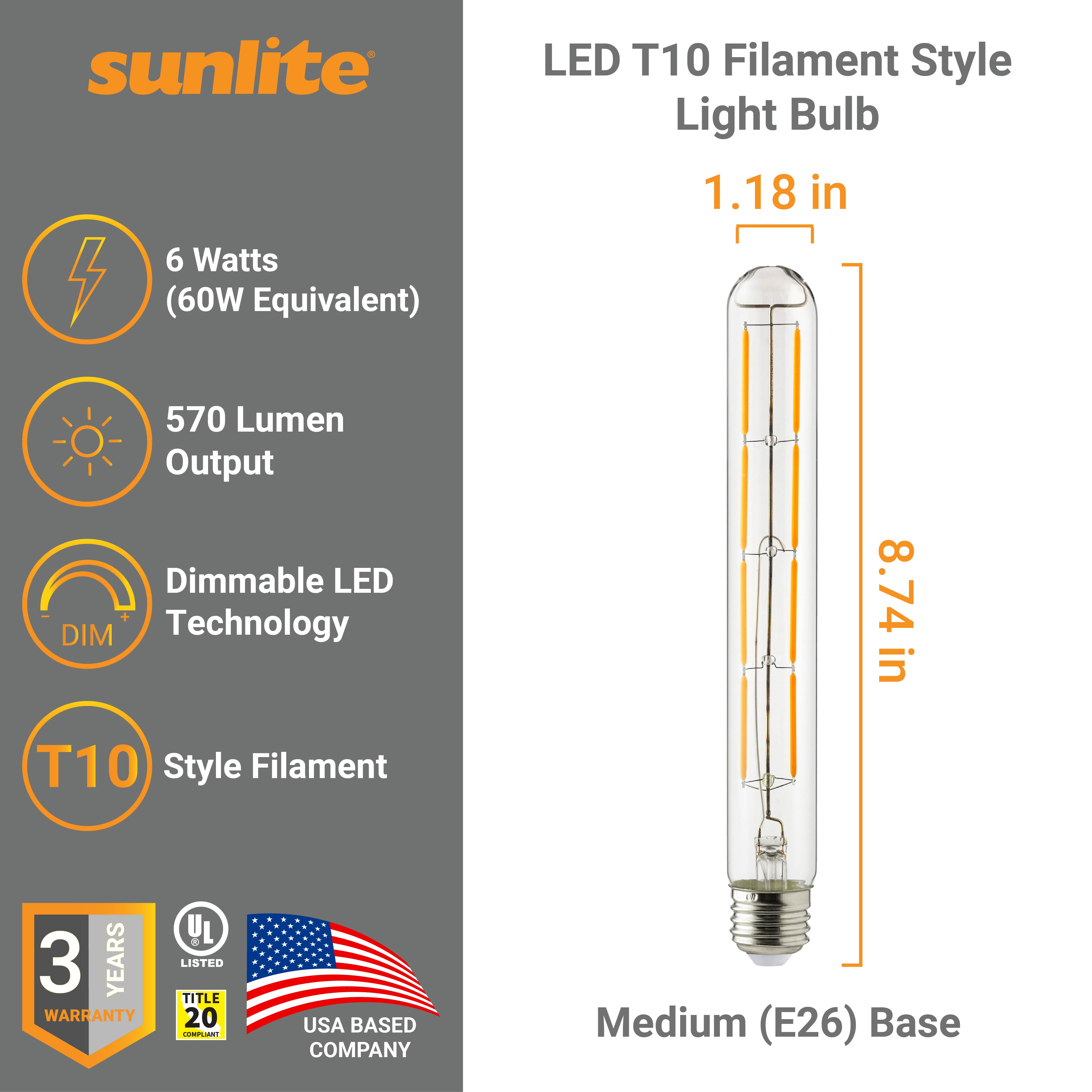 Sunlite 41911 LED Filament T10 Tubular Light Bulb, 6 Watts (60W Equivalent), 570 Lumens, Medium E26 Base, 120 Volts, Dimmable, 90 CRI, UL Listed, Title-20 Compliant, 2200K Amber, 5 Pack