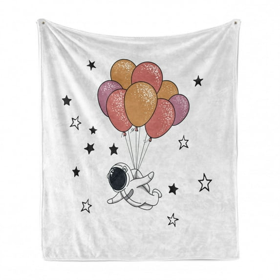 Astronaut Soft Flannel Fleece Throw Blanket, Spaceman Floating in the Space with Balloons Happy Birthday Cosmic Celebration, Cozy Plush for Indoor and Outdoor Use, 50" x 70", Multicolor, by Ambesonne
