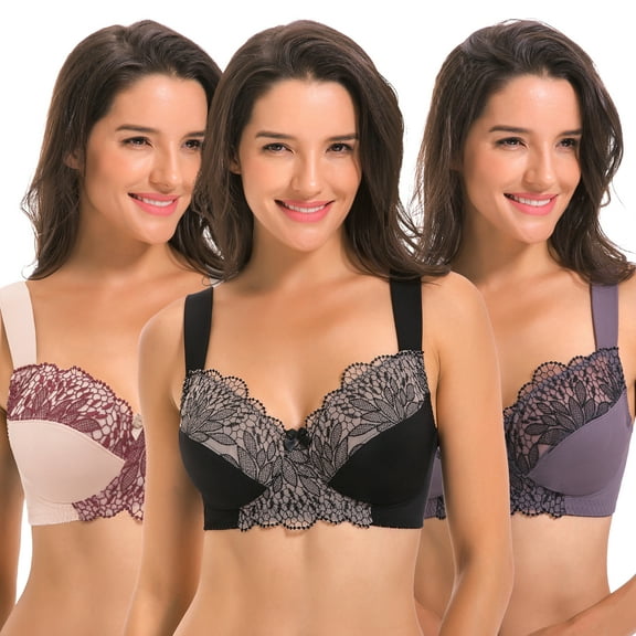 Curve Muse Plus Size Unlined Minimizer Wirefree Bras with Embroidery Lace-3Pack-Grey,Pink,Black-34C