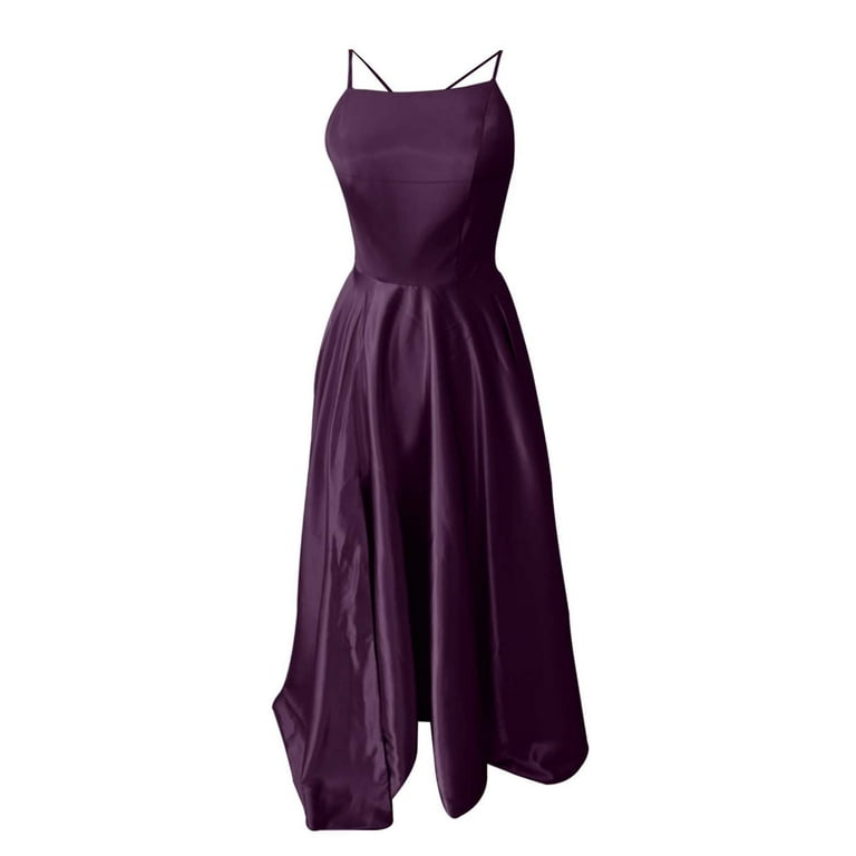 Purple 3X Large Women s Solid Color Evening Ladies Long Dresses Dressy Back Hollowed Dress for Young Lady Out Chiffon Front Piece Young Ladies Dresses for Party Slit Dress Walmart