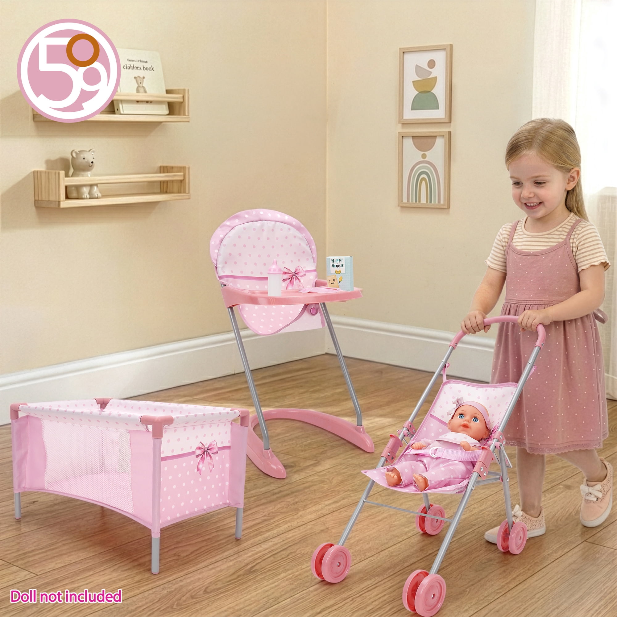 509 Crew: Bow Travel Care n Feed Set - Pink & White, 8pc On-the-Go Doll Accessories, Highchair-Umbrella Stroller-Play Yard, Doll Roleplay Toy, Kids 3+