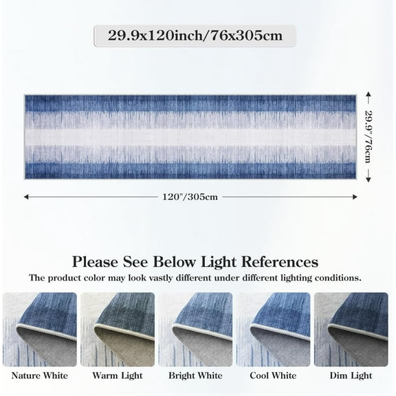 Ombre 3x10 Runner Rug - Washable Non-Slip Hallway Runner Rugs with Ultra-Thin Design, Modern Print Long Blue Decor Carpet for Kitchen Entryway Bedroom Bathroom Hall