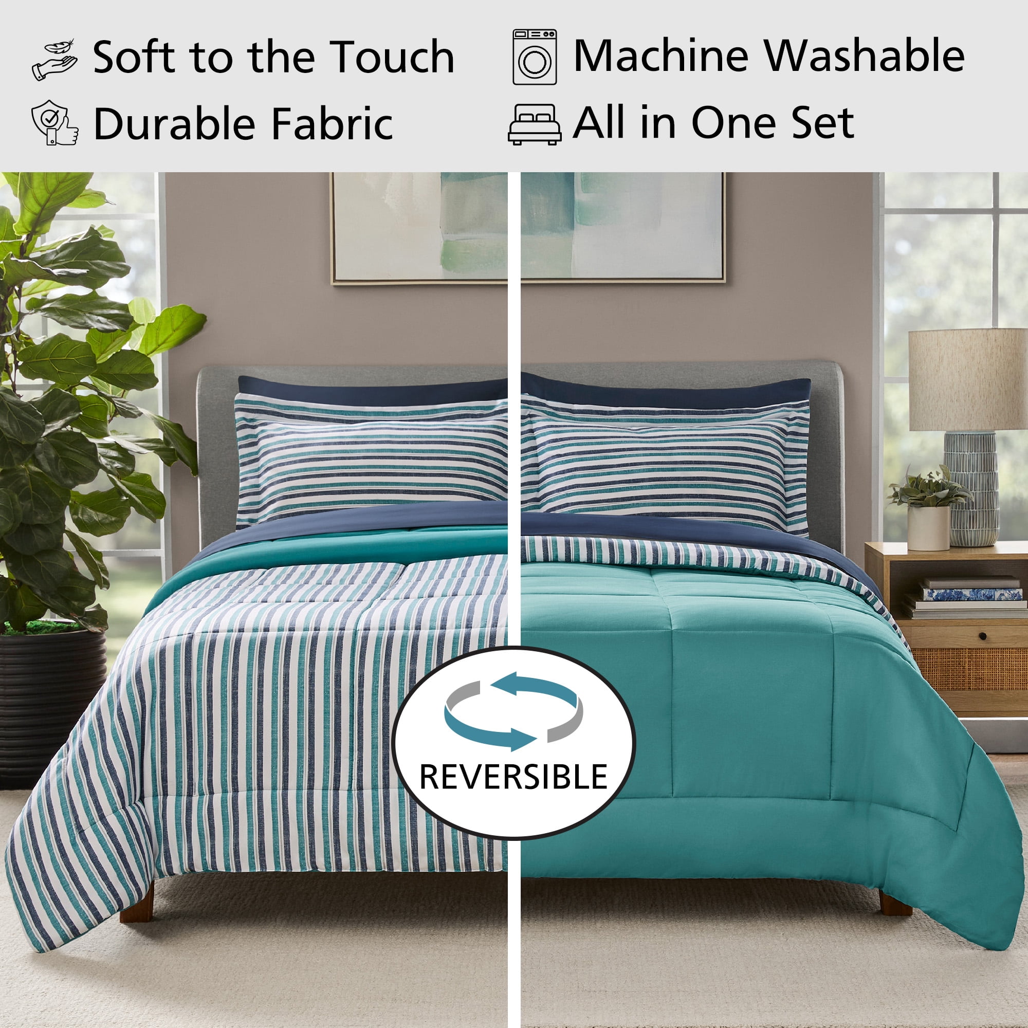 Mainstays All in One Reversible Comforter and Sheet set- 7 Piece, Full, Blue Pinstripe