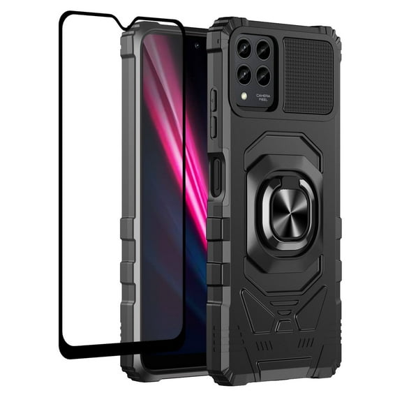 Compatible for T-Mobile REVVL 6 Pro 5G Case with Tempered Glass Screen Protector [Military Grade] Ring Car Magnetic Mount Kickstand Shockproof Phone Cover - Black