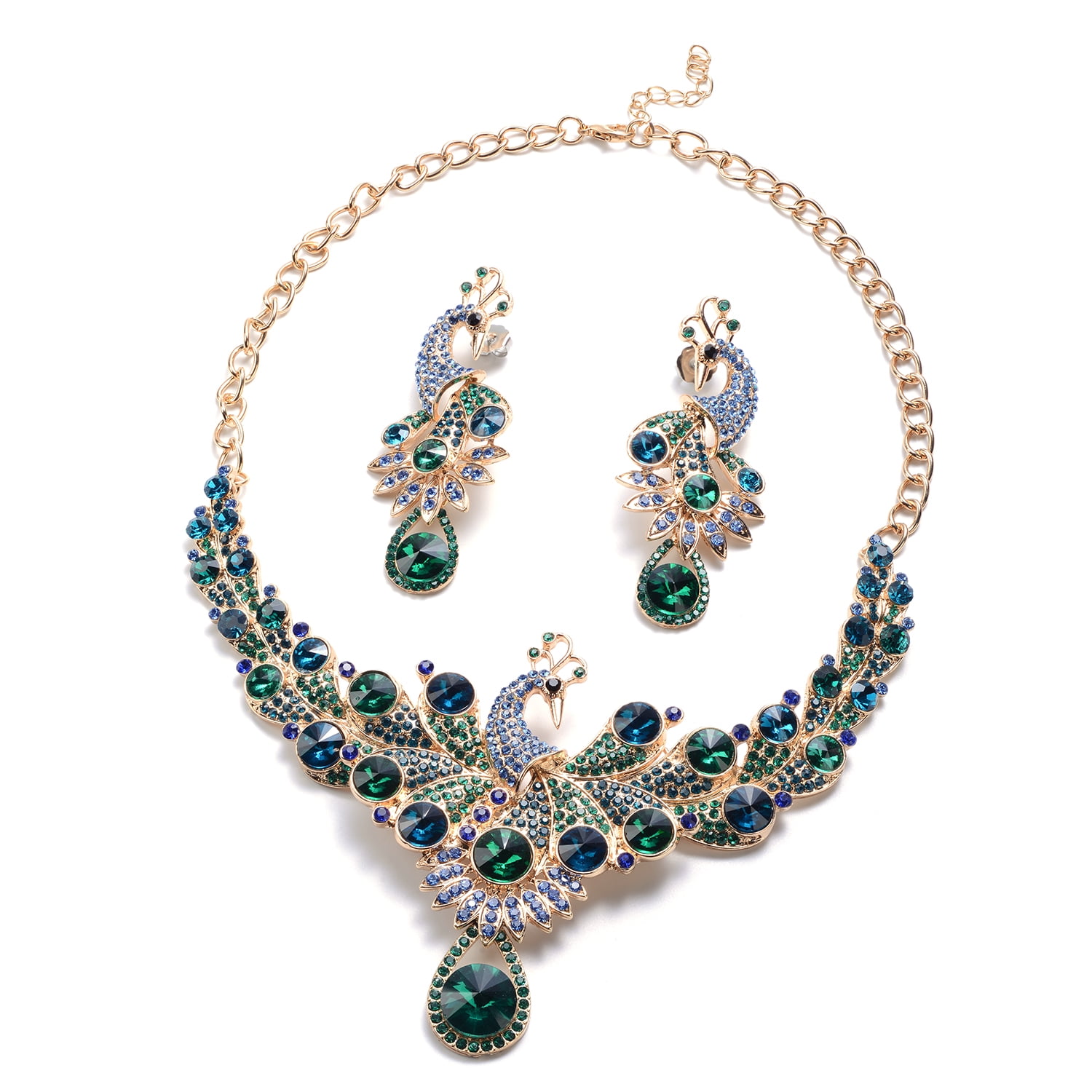 Blue Green Flowers Rhinestone Bib Bubble Gold Tone Boutique Necklace Earrings