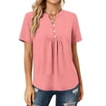 thumbnail image 3 of Uootdi Casual Tops for Women Short Sleeve V Neck Button Placket Ruched Hem Casual Daily Lightweight Tees Gift, 3 of 9