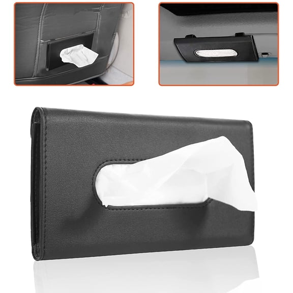 Trobo Car Tissue Holder for Sun Visor, Clip On Hanging Tissue Case for Backseat Or Car Door Pocket, PU Leather Car Visor Napkin Dispenser, Bonus Pack of Napkins Included, Mask Holder for Car, Black