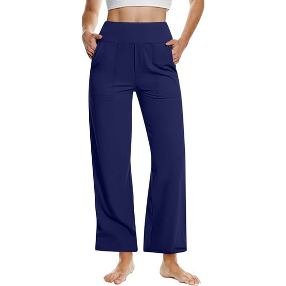 yoeyez Women Elastic Waist Drawstring Trousers Wide Leg Hem Button Pants Beach Palazzo Harem Pants with Big Pockets Cotton Linen Pants for Women Clearance Dark Blue,M