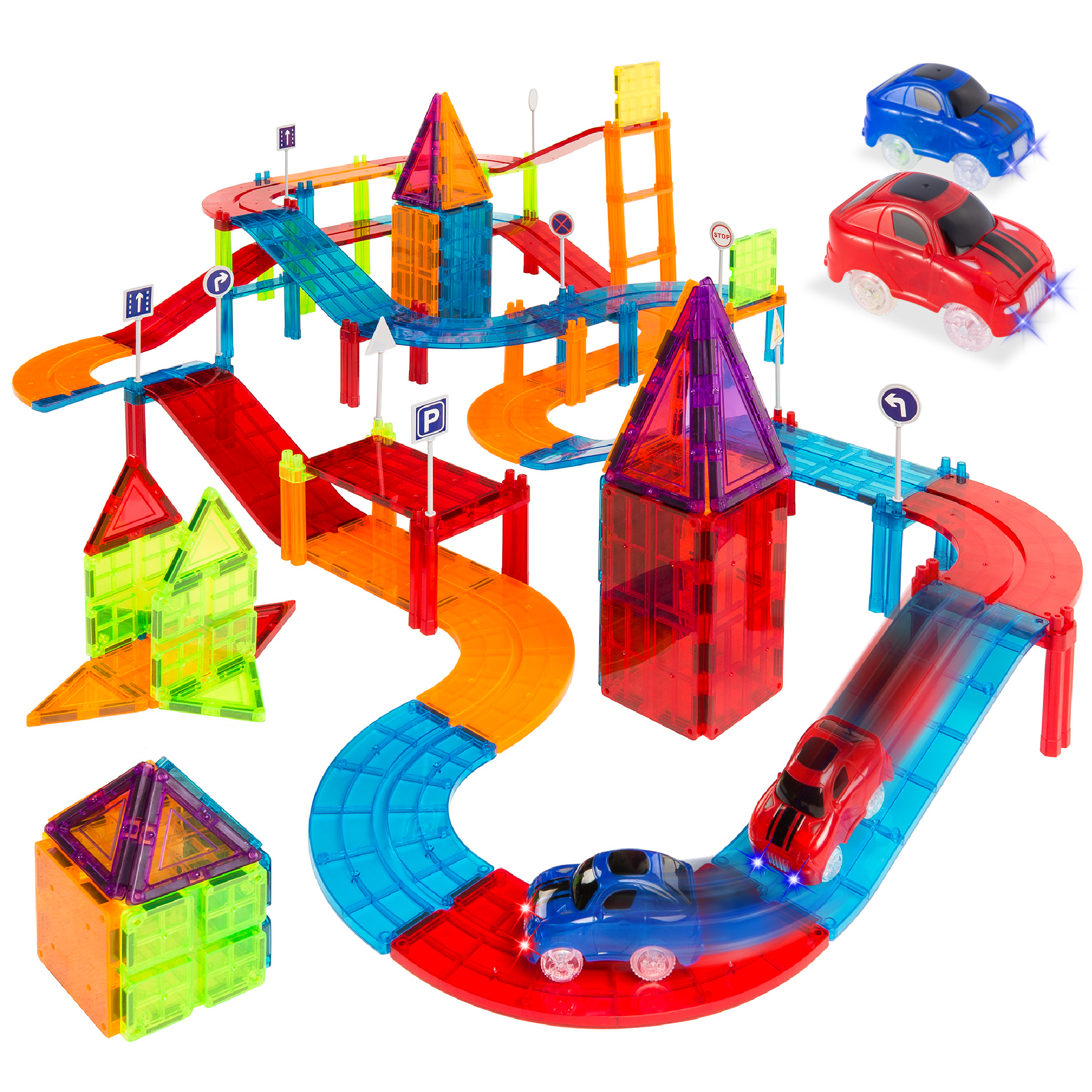 Best Choice Products 105-Piece Kids Magnetic Building Tiles Set, Racetrack Construction Education STEM Toy with 2 Cars