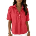 thumbnail image 5 of Cotton Linen Tops for Women Short Sleeve Collared Blouses Shirt Loose Fit 1/2 Button Summer Vacation Travel Daily Wear, XL, 5 of 7