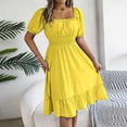 thumbnail image 4 of WRKEKC Summer Dresses for Women Solid Square Neck Puff Sleeve Elastic Smocked Waist Ruffle a Line Midi Flowy, 4 of 7