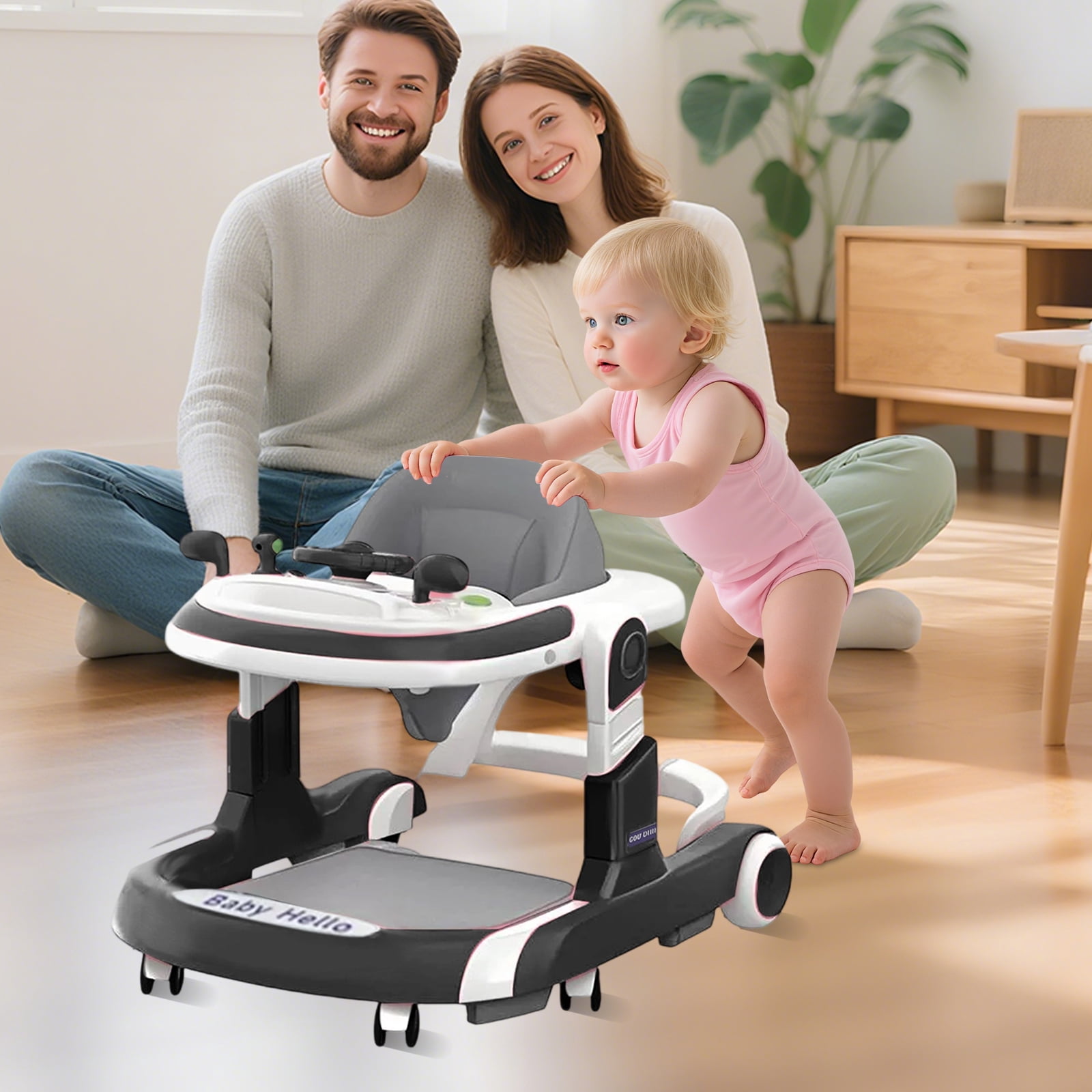 JieC 5-in-1 Musical Infant Baby Walker with Wheels, Push Walker for Girls Boys,Black