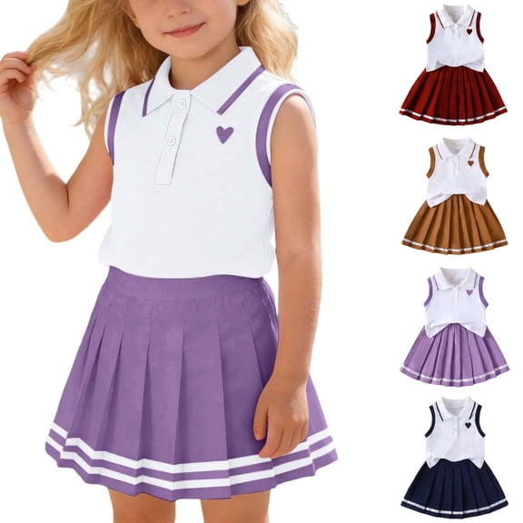 SGMVNU Little Girls Clothes Summer 2 Piece Outfit Button up Sleeveless Tank Top with Pleated Skirt Set Back to School Clothes, Size 2-3 Years, Purple