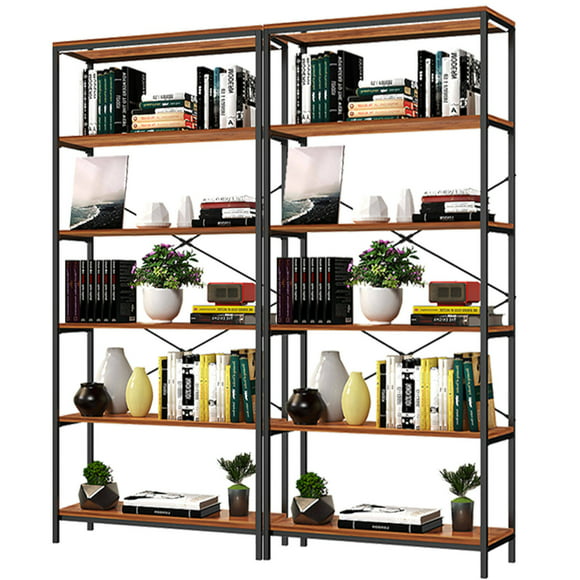 Qhomic 6-Tier Wooden Bookcase Storage Shelves Organizer, Retro Bookshelf Plant Display Shelf, Wood and Steel Frame Open Wide for Balcony,2PCS