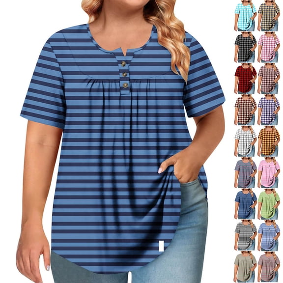 Otvok Spring Summer Plus Size Blouses Women's Short Sleeve Round Neck Button Up Pleated T-shirt