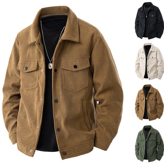 Chiccall Mens Corduroy Jackets Long Sleeve Snap Down Solid Coat Fall Winter Casual Vintage Outdoor Heavy Warm Jackets with Pockets
