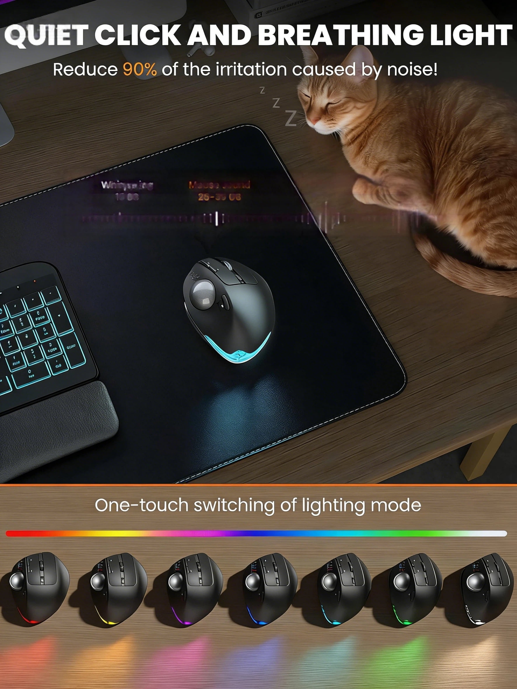 Ergonomic Wireless Trackball Mouse, Adjustable Angle, Thumb Control, Quiet Click, Rechargeable, Multi-Device Bluetooth & USB, for Windows Mac-Black Ball