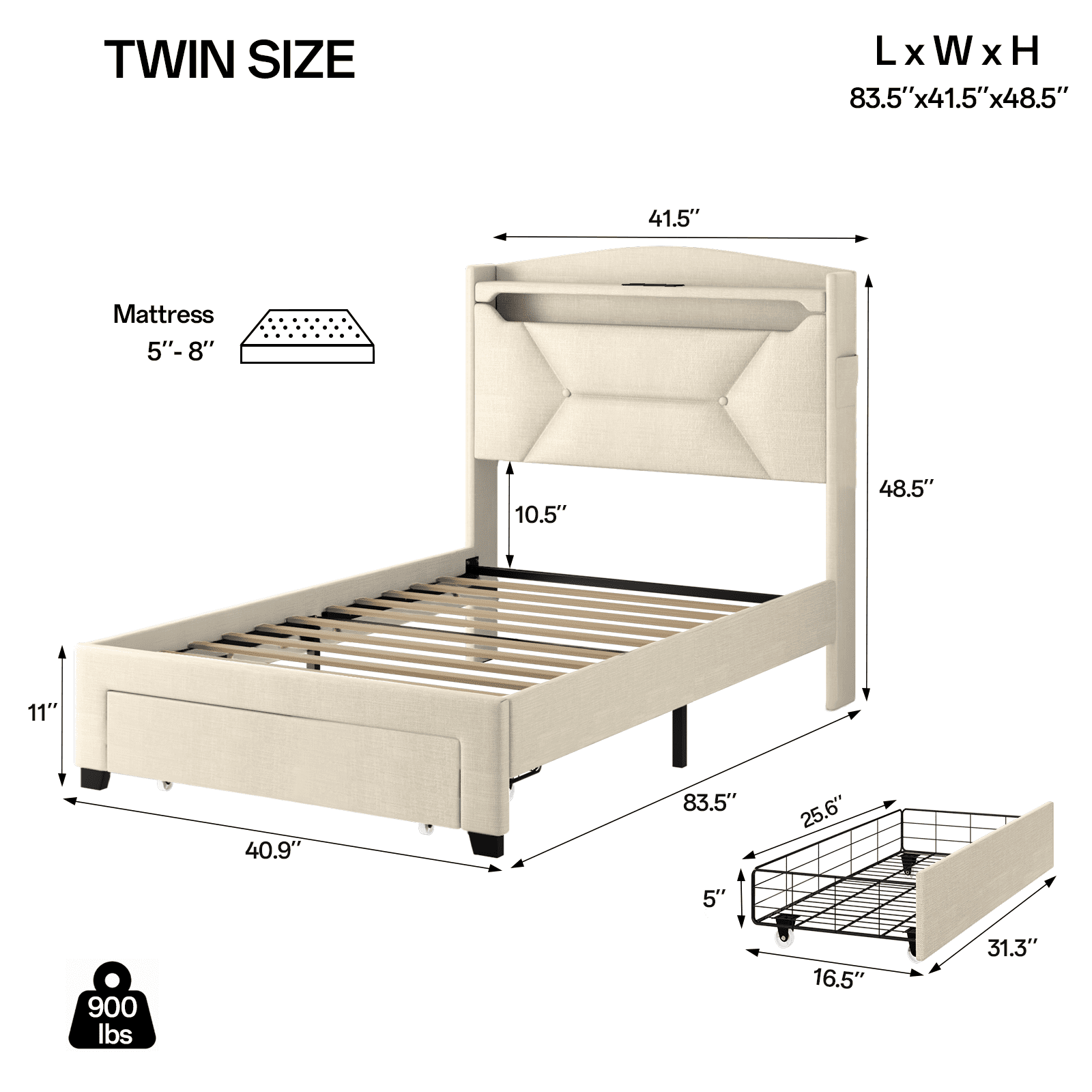 Gewnee Twin Size Upholstered Linen Bed Frame with Storage Headboard, Drawer & Charging Station, No Box Spring Needed,Beige