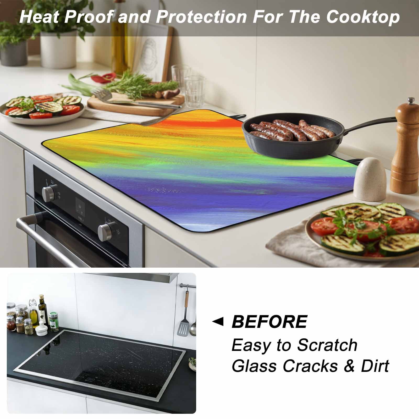Abstract Ombre Colored, Stove Top Cover for Electric Stove, Heat-proof & Non Slip Glass Top Stove Cover Protector, Rainbow Watercolor Painting Art Kitchen Flat Cooktop Rubber Mat 24x21 Inches