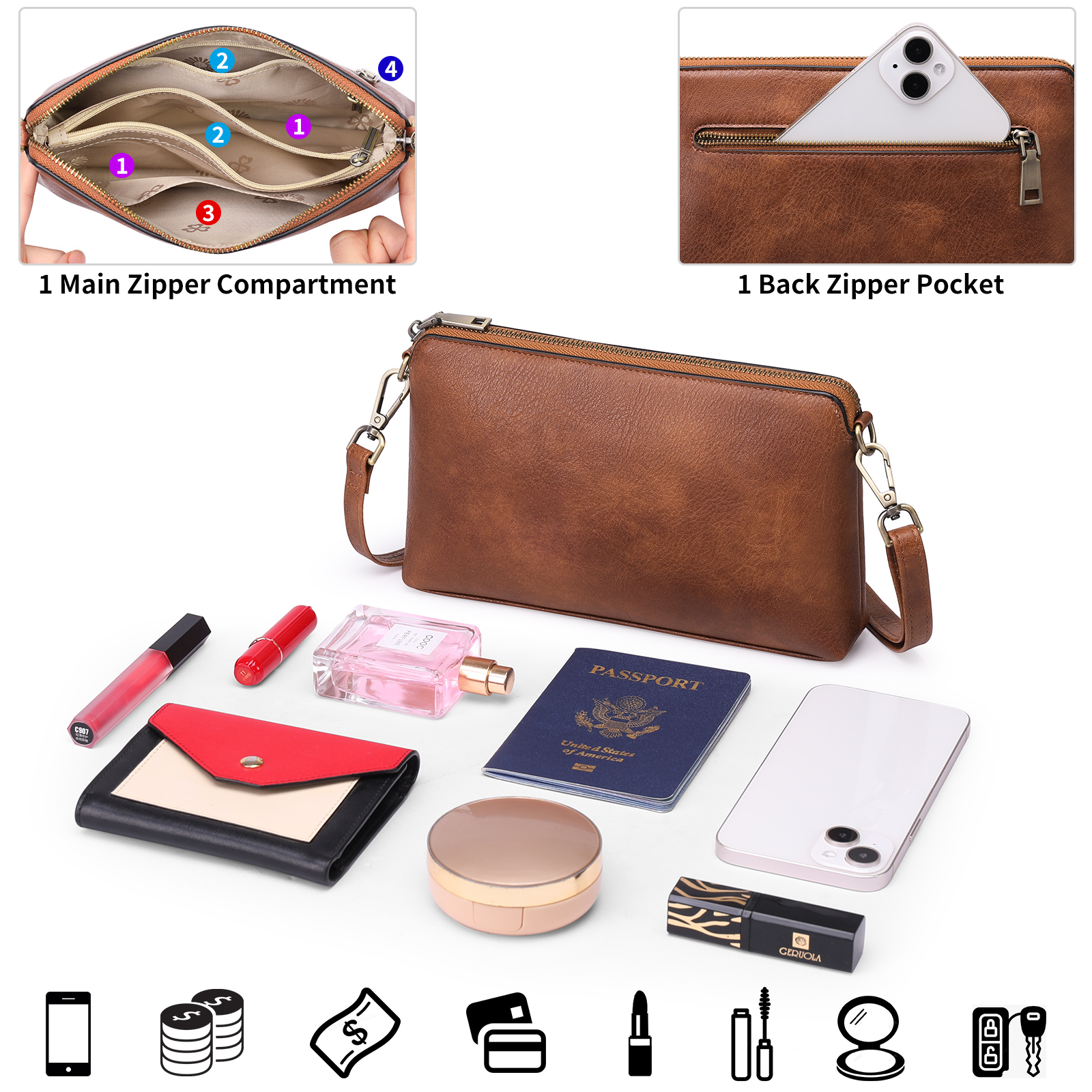 GAEKEAO Crossbody Bags for Women RFID Blocking Leather Shoulder Purse with Adjustable Strap & Top Zipper