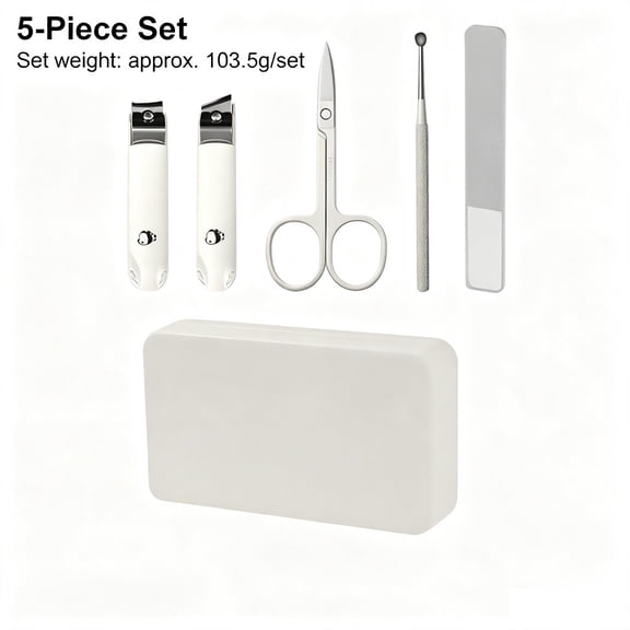 Stainless Steel Nail Clipper Manicure Set, Portable 5‑Piece Grooming Kit with Nail Scissors Nail File Cuticle Pusher Ear Pick, Travel Personal Care Tools with Storage Case for Men Women Family