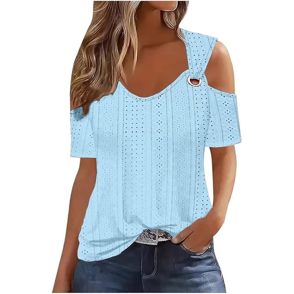 Xuboway cold shoulder eyelet tops for women plus size sexy V Neck T Shirts Basic summer Tees western cruise outfits country concert tunics tops to wear with leggings