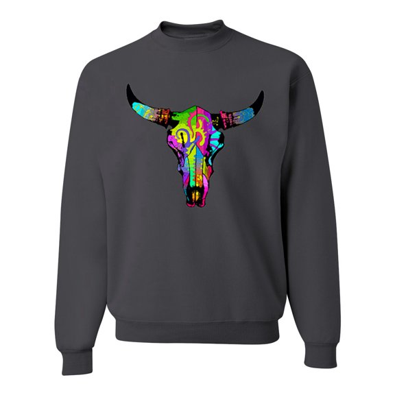 Wild Bobby, Colorful Rainbow Cow Bull Skull Animal Lover Unisex Crewneck Graphic Sweatshirt, Charcoal, Small