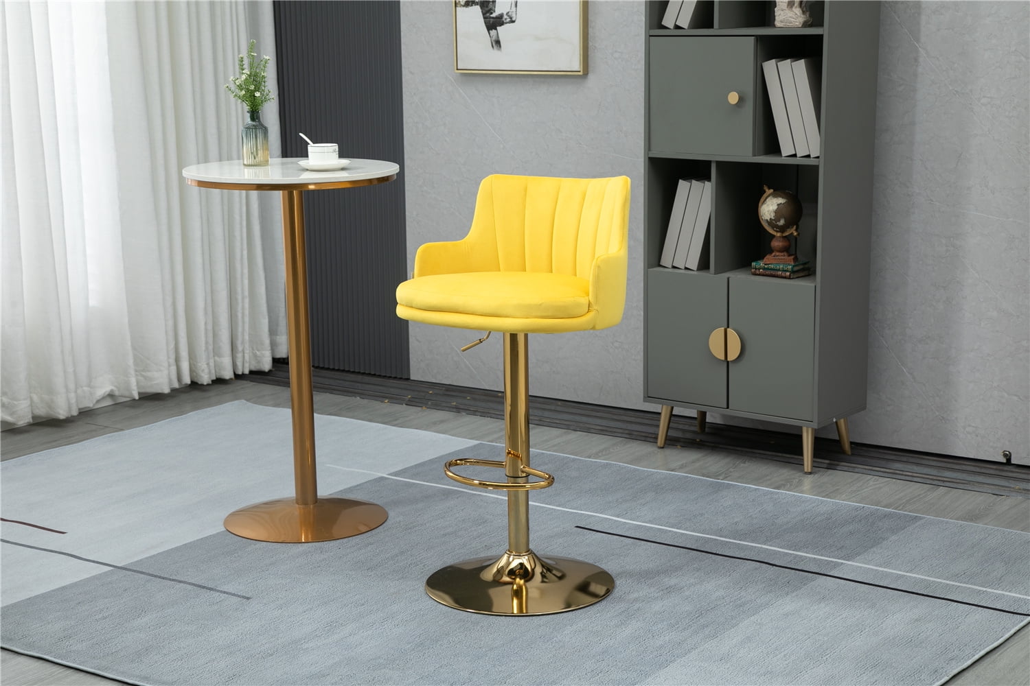 Velvet Bar Stool Chair, Height Adjustable Swivel Barstool with Footrest and High Back, Modern