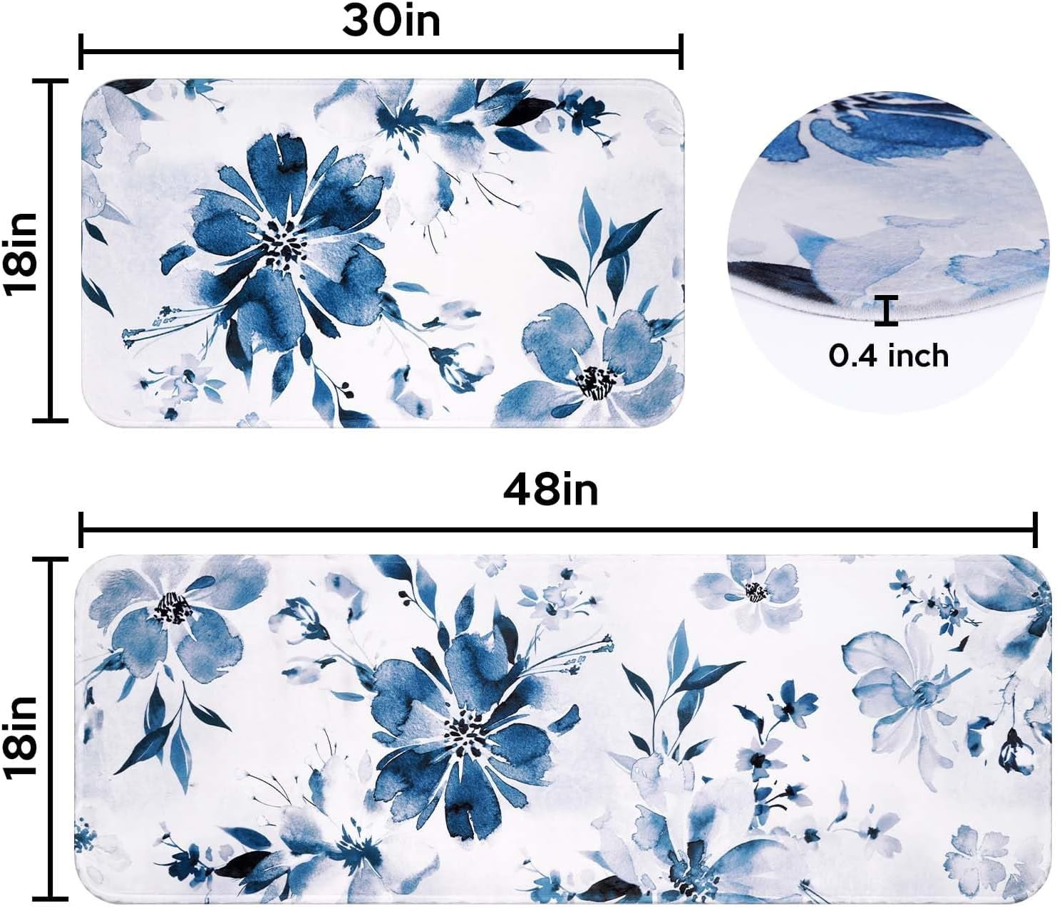Blue Floral Bathroom Rug Sets 2 Piece, Absorbent Bath Mats for Floor, Watercolor Ink Flowers Bath Rugs for Bedroom, Front Door, Kitchen, Modern White Bathroom Decor, 17.3"x 30" +17.3"x 47"