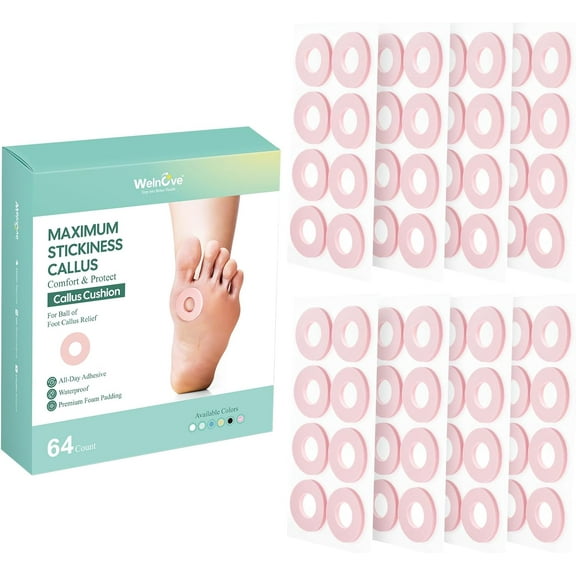 Welnove Corn Cushions for Toes, 64 Count Self-Stick Callus Pads with Water-Resistant Adhesive, Provides Cushioning, Reduces Rubbing Pain (Pink)