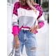 thumbnail image 4 of Suéter de Rayas con Estampado de Leopardo para Mujer, Cuello Redondo, Larga, Tejido, Bloque de Color Rosa Roja M, 4 of 8