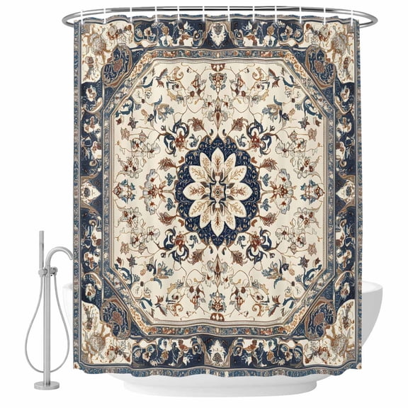 Boho Navy Blue Brown Shower Curtain Set - 72" x 78" Washable Bathtub Curtain with 12 Hooks, Southwestern Retro Geometric Waterproof Fabric Stall Shower Curtains for Bathroom/Bathtub Décor