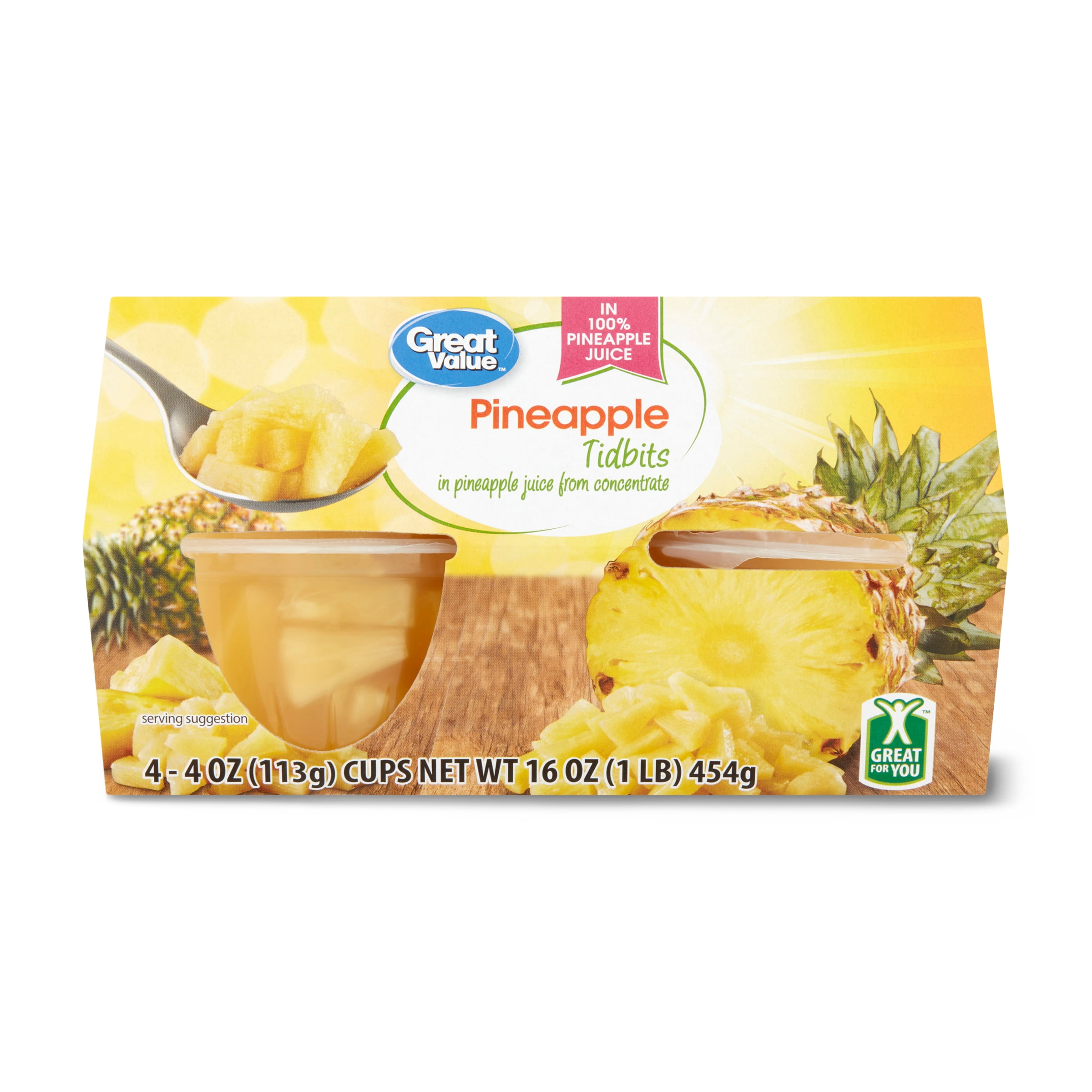 Great Value Pineapple Tidbits in 100 Pineapple Juice, 4 oz, 4 Ct