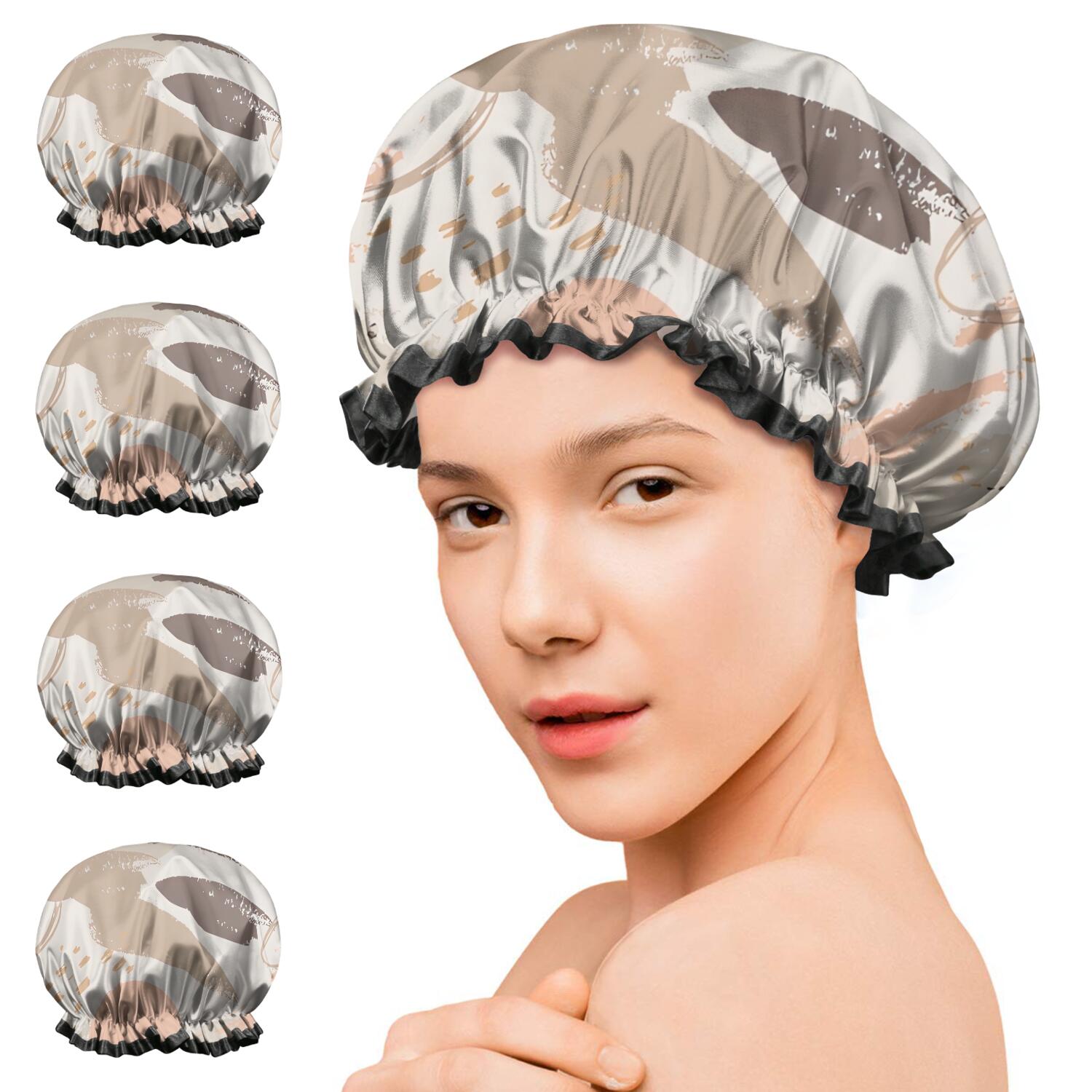 Shower Caps,Brown Boho Abstract Pattern Waterproof Shower Cap for Women 4 Pieces,Double Reusable Hair Cover for Shower PEVA Elastic Stretch Hem