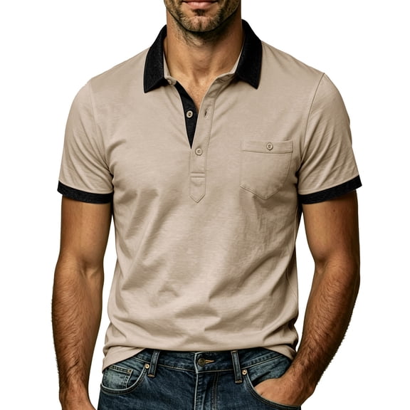 Domzest Mens Contrast Collar Polo Shirt Short Sleeve Button Up Golf Top with Placket Chest Pocket Khaki M