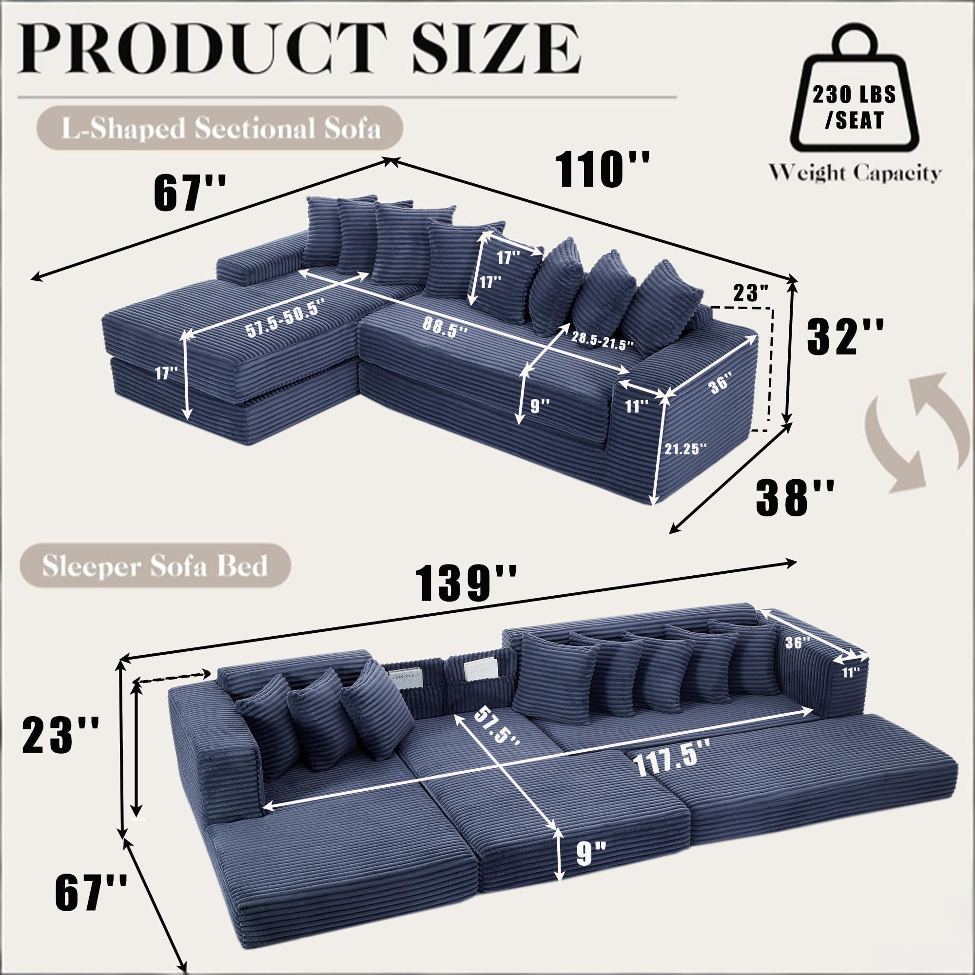Howcool Modern L-Shaped Sectional Sleeper Sofa Oversized Cloud Couch 3-in-1 Convertible Floor Bed Corduroy with 8 Pillows