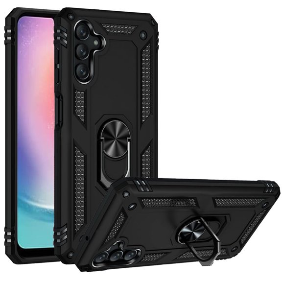 For Samsung Galaxy A24 4G Shock Proof Stand Cover Phone Case Tempered Glass - Black