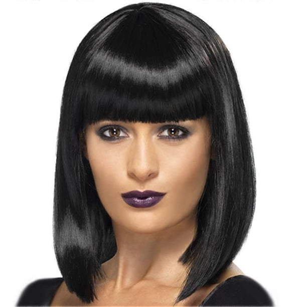 Peluca bob negra para mujer, cabello sintético corto y liso, lista para usar a diario.
