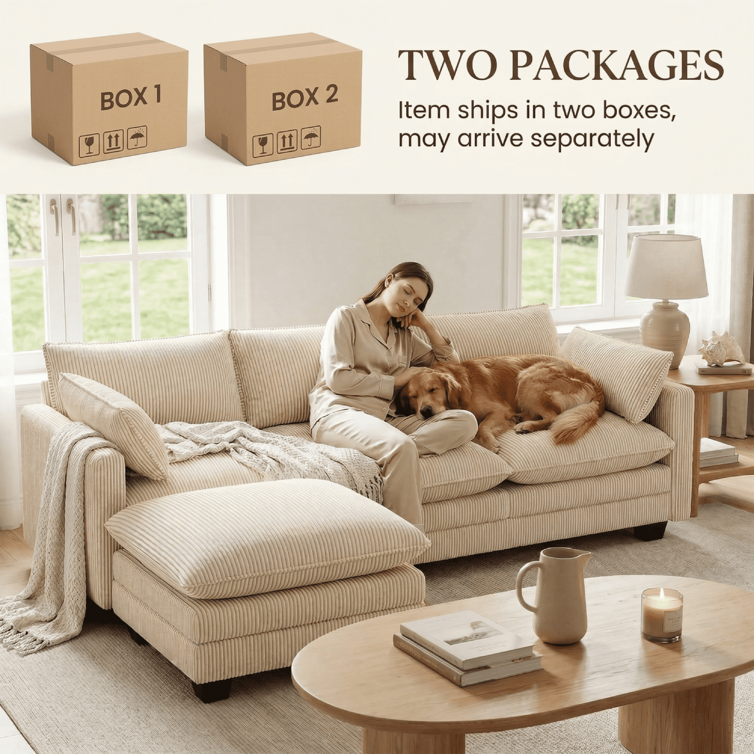 110'' Oversized L Shaped Corduroy Cloud Couches with Ottoman and Washable Cover for Living Room, Modern 4 Seater Cloud Sofa with Comfy Deep Seat and Throw Pillows for Apartment, Beige
