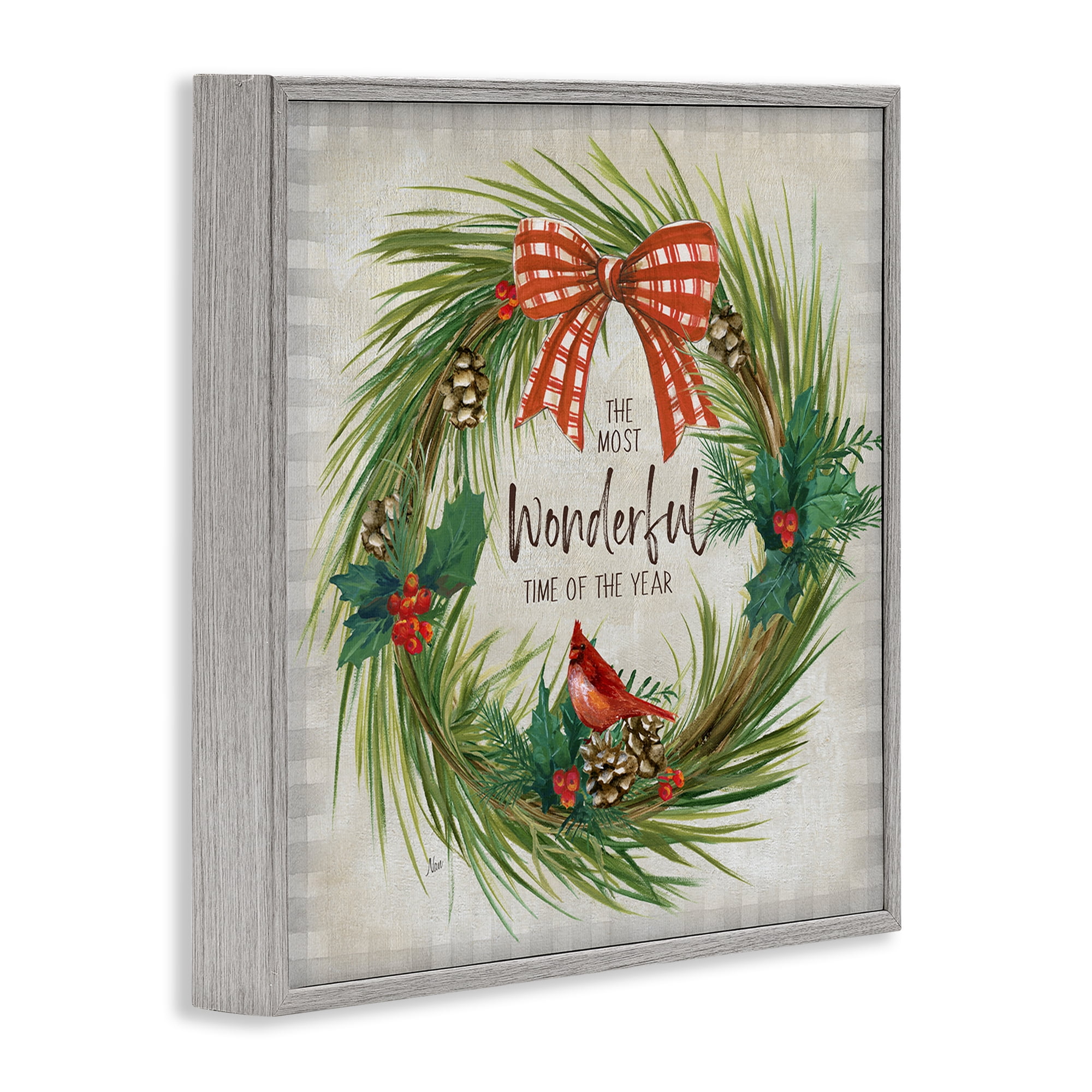 Stupell Industries Most Wonderful Time Wreath Holiday Painting Gray Framed Art Prints Wall Art, 12 x 12