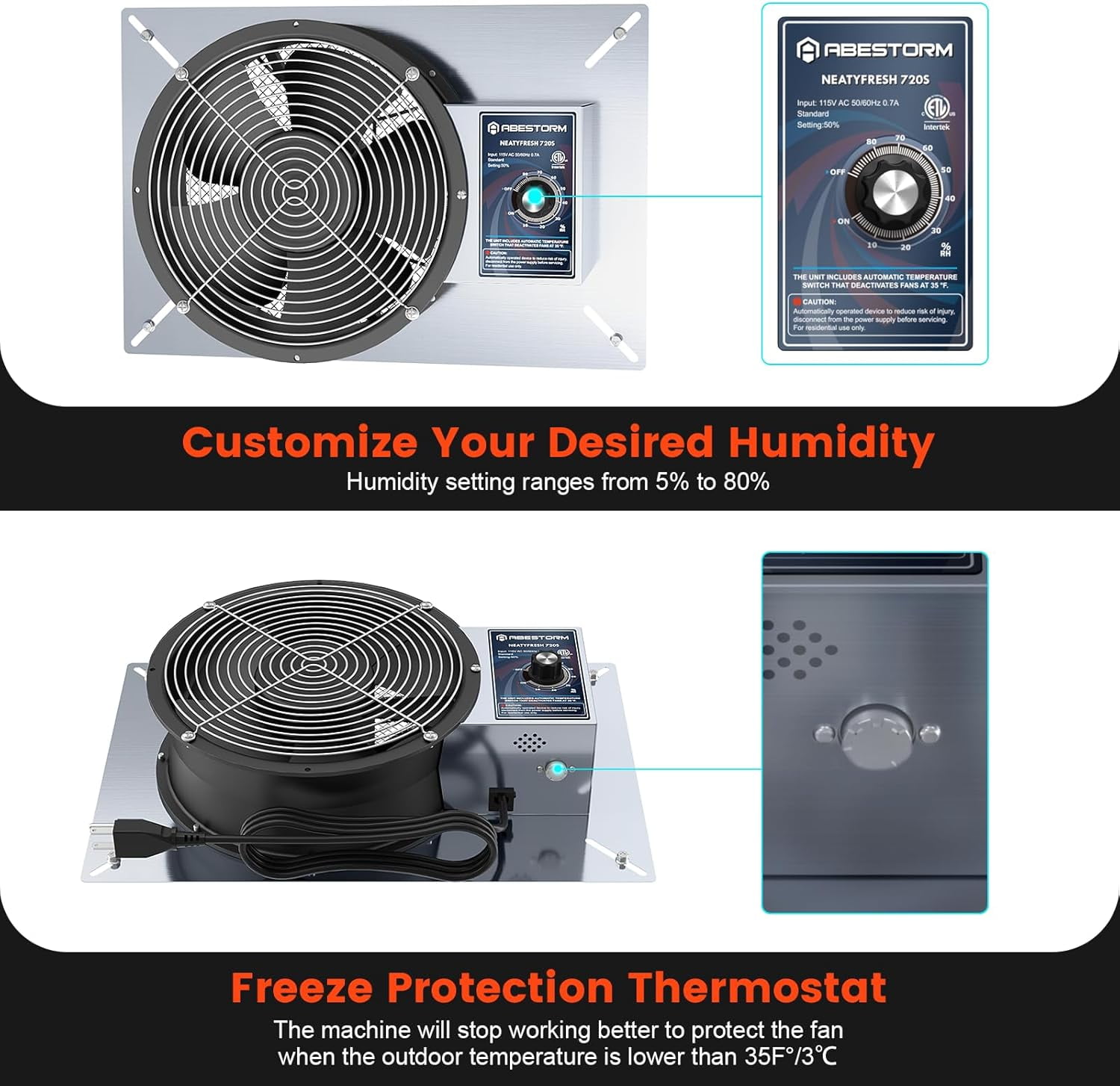 Abestorm Crawlspace Ventilation Fans 720CFM  IP-55 Grade Basements Stainless Steel Vent Fan 10 inches Ventilator Fan with Freeze Protection Thermostat Dehumidistat for Crawlspace Attic Garage Exhaust