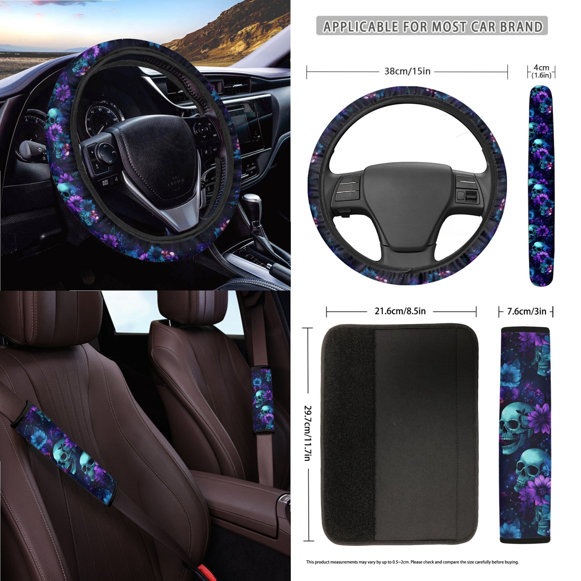 LedBack Skull Flower Print Car Seat Cover Sets Full Set Universal Car Front Back Seat Cover Safety Belt Pads Rear View Mirror Protector Trash Can Cup Cushions for Truck SUV Sedan