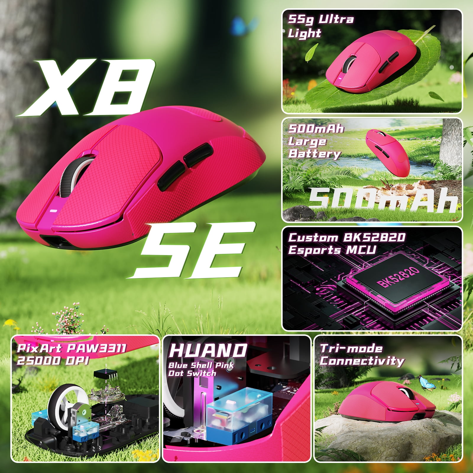 ATTACK SHARK X8 SE Wireless Gaming Mouse, Tri-Mode 2.4G/USB-C Wired/Bluetooth, PAW3311 Sensor, 25000 DPI, 55g Lightweight Design, 500mAh Battery, Grip Tape Included, Berry