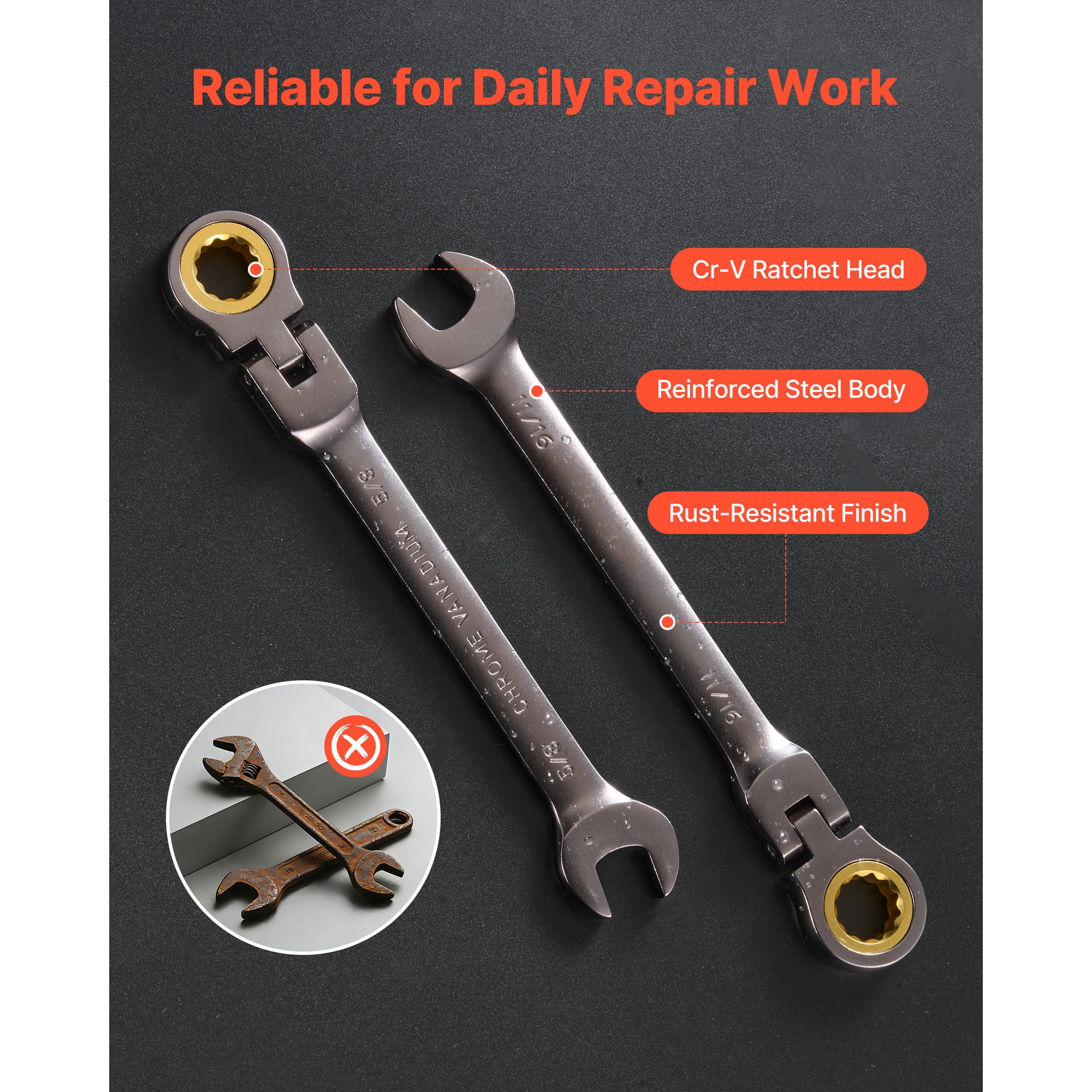 KFFKFF 12-Piece Flex-Head Ratcheting Wrench Set, SAE Sizes, 72-Tooth Cr-V Steel Combination Wrenches with Roll-Up Pouch, Ideal for Household and Automotive Maintenance, Gray Nickel Finish