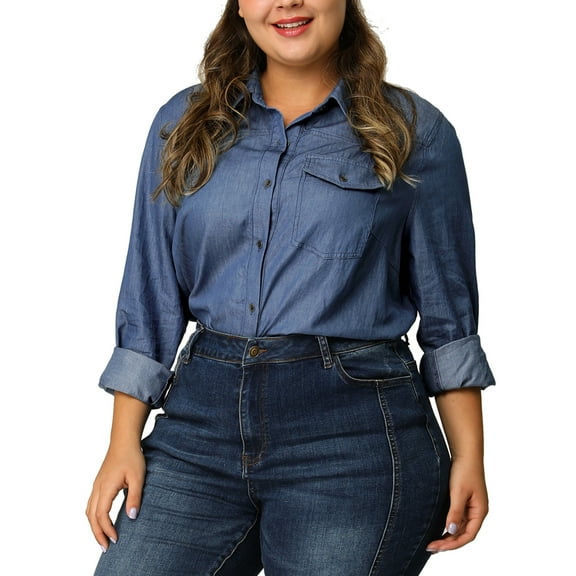 DARING DIVA Women's Plus Chest Pocket Long Sleeve Denim Chambray Shirt 1X Blue