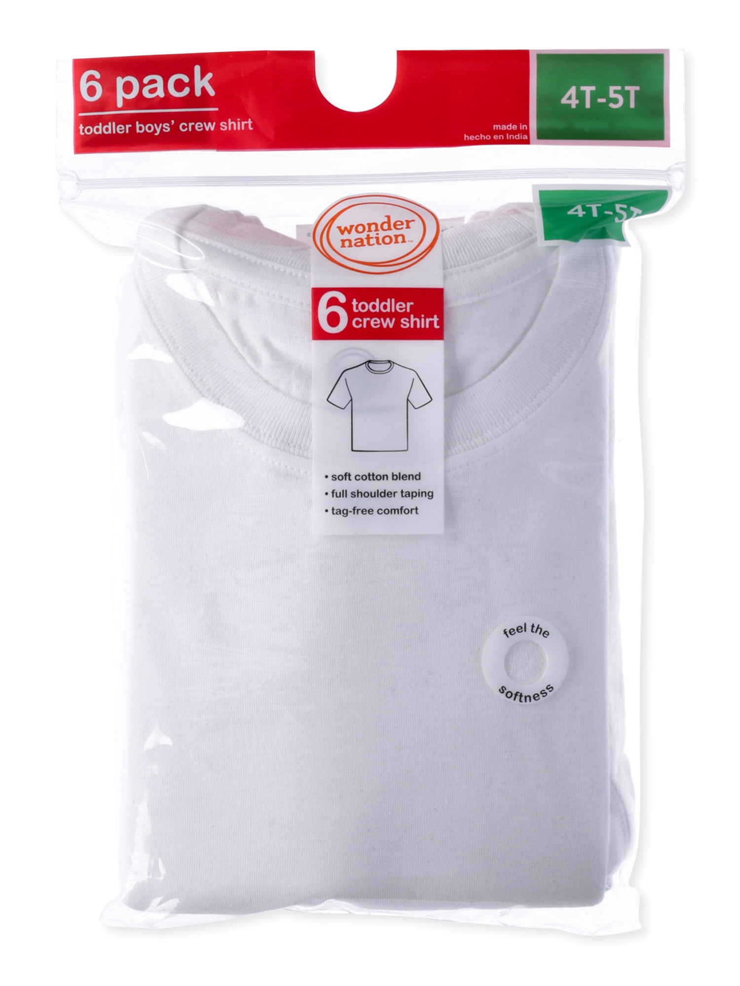 Wonder Nation Toddler Boys Crew Undershirt, 6-Pack, Sizes 2T-5T