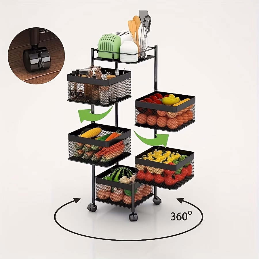 5-Tier Rotating Metal Storage Shelf on Wheels – Multi-Layer Fruit & Vegetable Basket Trolley, Square Floor-Standing Utility Cart for Kitchen, Bathroom, Garage