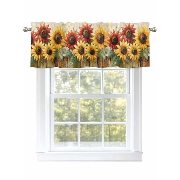 Vintage Sunflowers Curtain Valances for Windows, Summer Farmhouse Wooden Country Floral Kitchen Valance Window Treatment, Light Filtering Block Curtains for Bathroom/Bedroom/Living Room 54'' x 18''