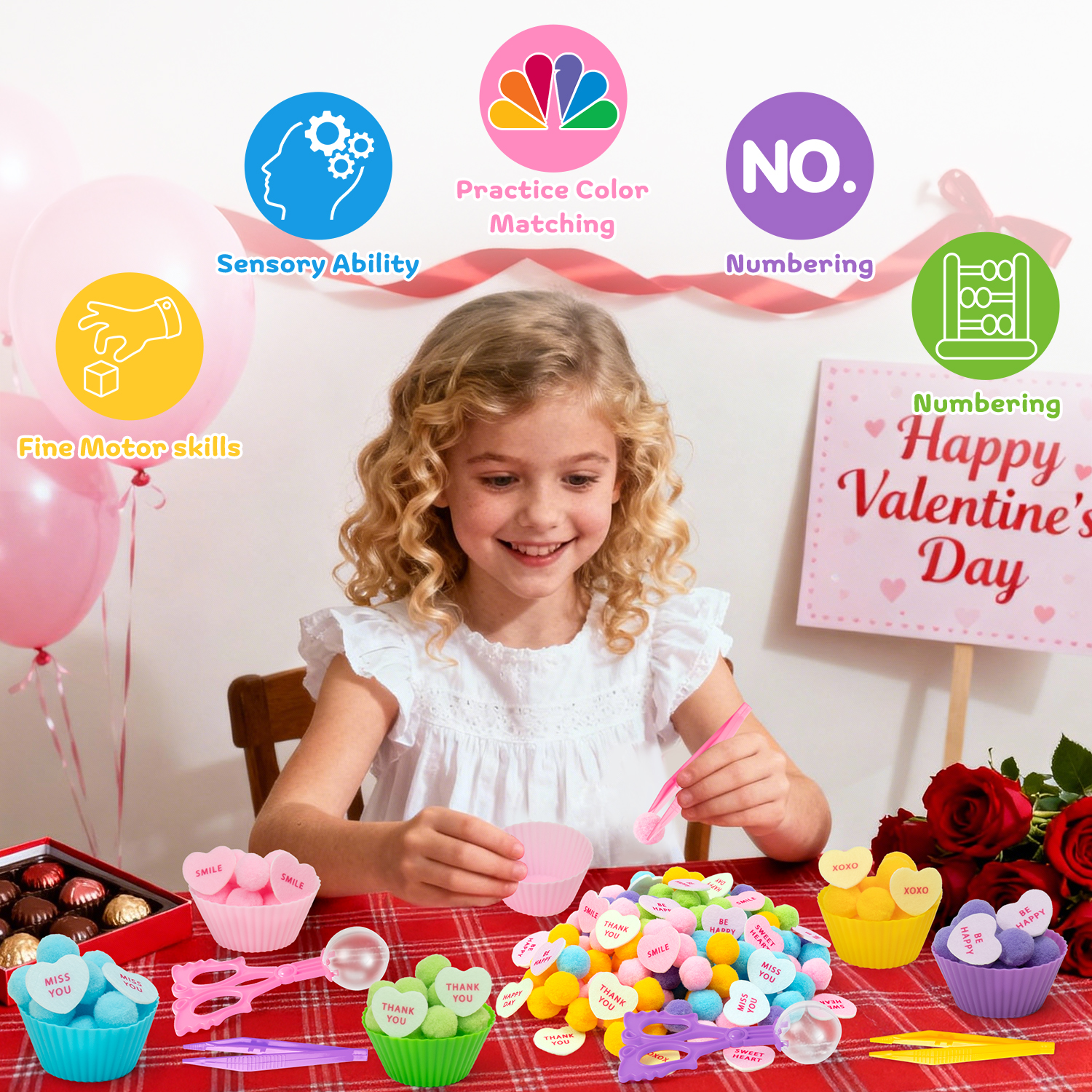 Belanttega Valentine's Day Sensory Sorting & Motor Skills Activity Heart Pompoms, Colorful Components, Family Activity Tools for Focus, Organization & Creative Play