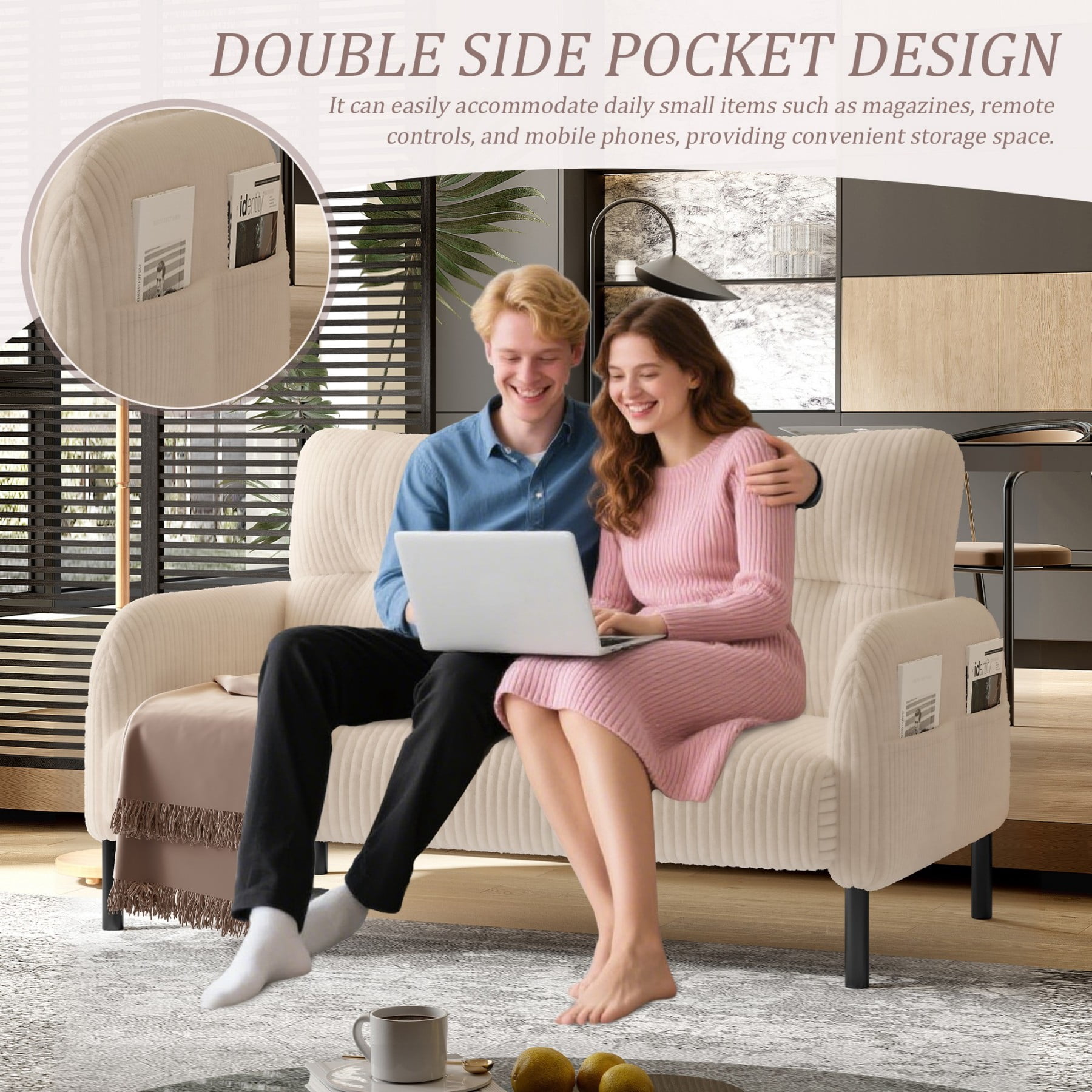 Corduroy Loveseat Sofa, Modern Upholstered Double Sofa Couch with Side Pockets for Living Room Bedroom Apartment, Beige